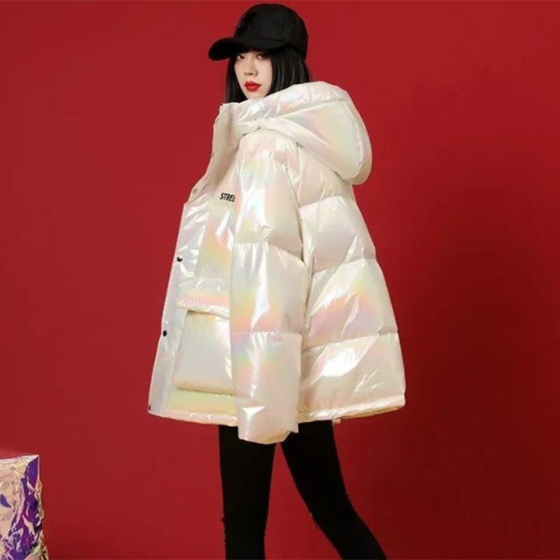 Women's Bright Face Hooded Down Jacket  Regular Korean Loose Thick Coat Warm Cotton Coat  Large Wool Collar Winter Quilted Coat