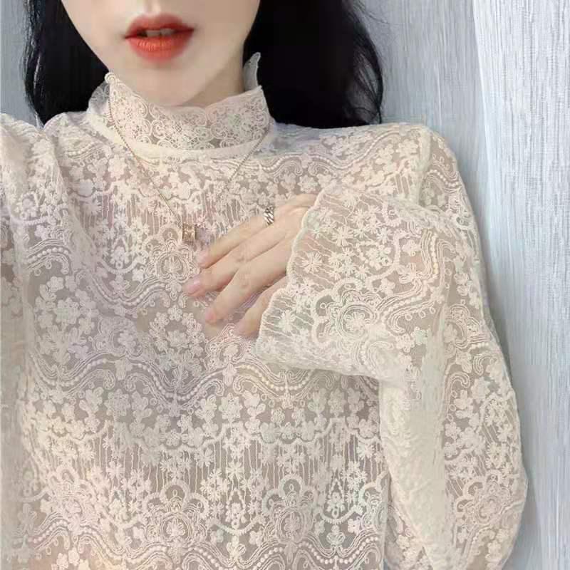 Pofulove super fairy bottoming shirt Plus velvet lace shirt women's new Korean mesh lace lace collar