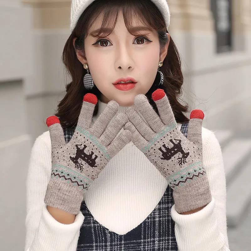 Women's Winter Gloves Touch Screen Mittens Korean Style Cute Deer Wool Knitted Five-finger Outdoor Riding Double Layer Plus Velvet Thickening Gloves