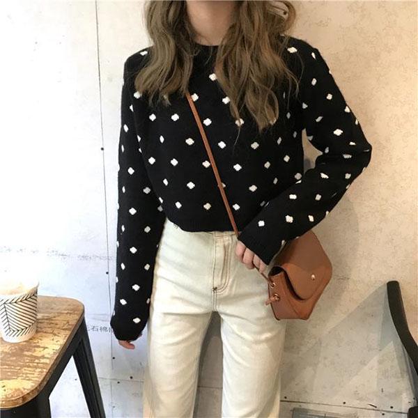 Autumn and Winter Knitted Jacket Long-sleeved Loose All-match Jacket Short Spotted Women's Bottoming Shirt