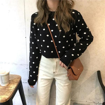 Autumn and Winter Knitted Jacket Long-sleeved Loose All-match Jacket Short Spotted Women's Bottoming Shirt