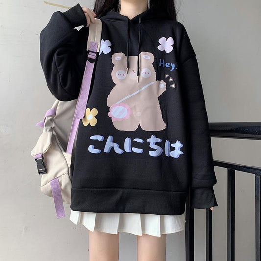 Anime Sweatshirt Japan Cartoon Hooded Tops Oversized Streetwear Harajuku White Long Pullovers Hoodies Plus Size Loose Thick Fleece Fall Winter Hoodies