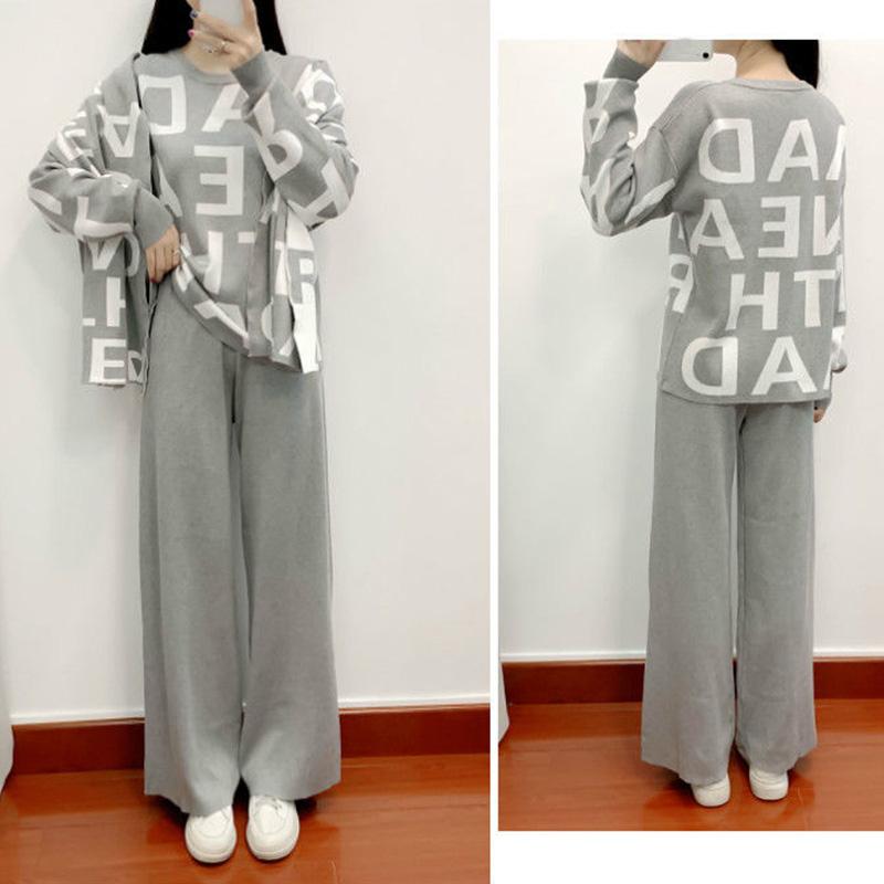 3pcs/set Knit Suit Women's Causul Letters Printed Knitted Sweater + Scarf+Knitted Pants 3 Piece Set Ladies Outfits Autumn Spring