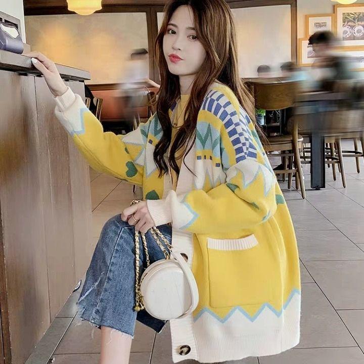 Large Size Women's Sweater Coat Autumn Korean Loose Student All-match Knitted Cardigan