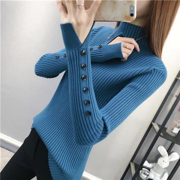 Autumn and Winter Half Turtleneck Loose Bottoming Shirt Button Split Sleeve Sweater Slim Casual Knit Sweater