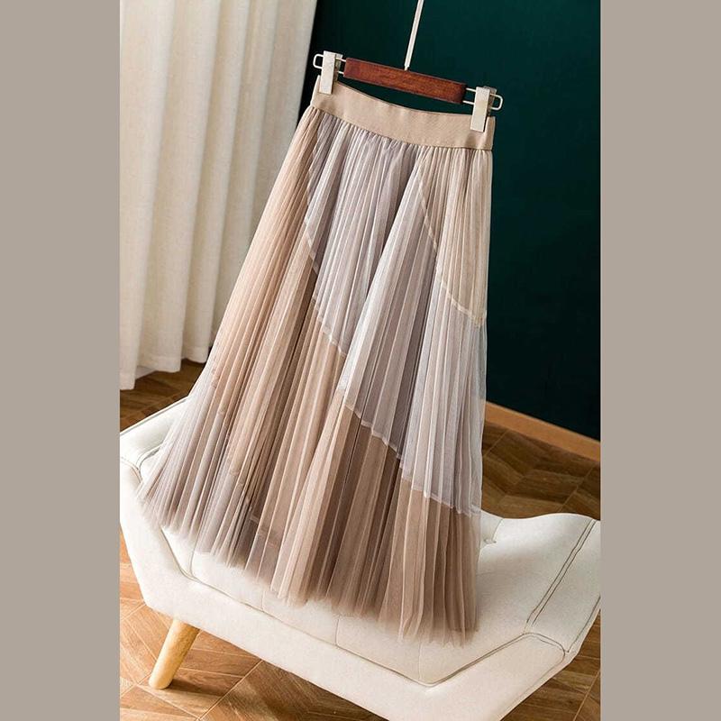 Pleated Printed Gauze Skirt High Waist Elastic Waist Mid-length Large Hem Skirt Spiral Color Stitching Lace A-line Skirt