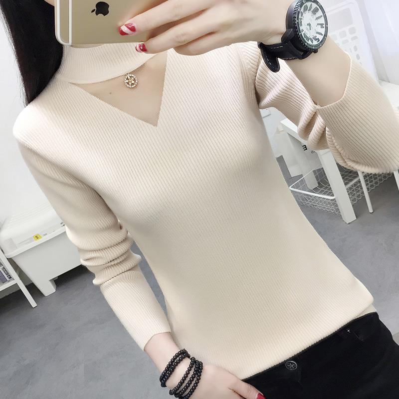 Pofulove Women Half Turtleneck Sweater Bottoming Shirt Long Sleeve Autumn Winter Pullover Slim Tight