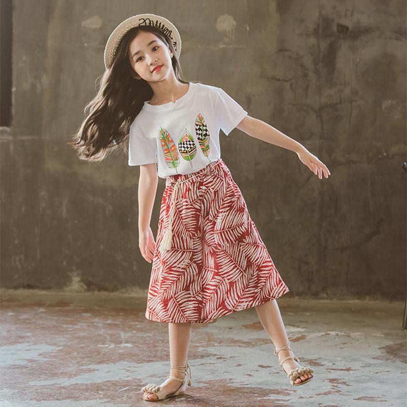 Girls' Summer Fashionable Suits Big Kids Children's Clothes Western Style Wide-leg Pants Printed Two-piece Suit