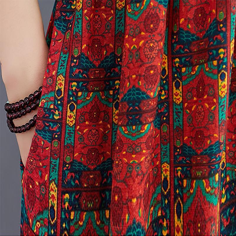 Women's Round Neck Half Sleeve Dress Retro Fashion Floral Print Cotton Long Dress