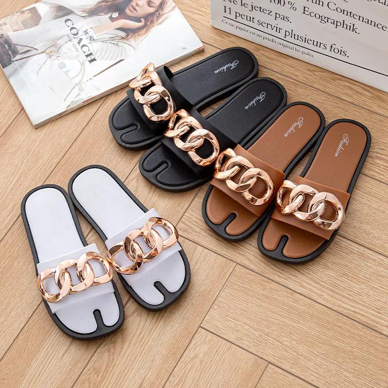 Slippers Women Summer Outing Fashion Gold Chain Sandals and Slippers Outer Wear Western Style Thick Soles
