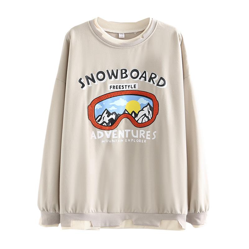 Plus Size Women's 2021 Autumn Thin Section Fake Two Piece Stitching Round Neck Sweater Fashion Printing Pullover