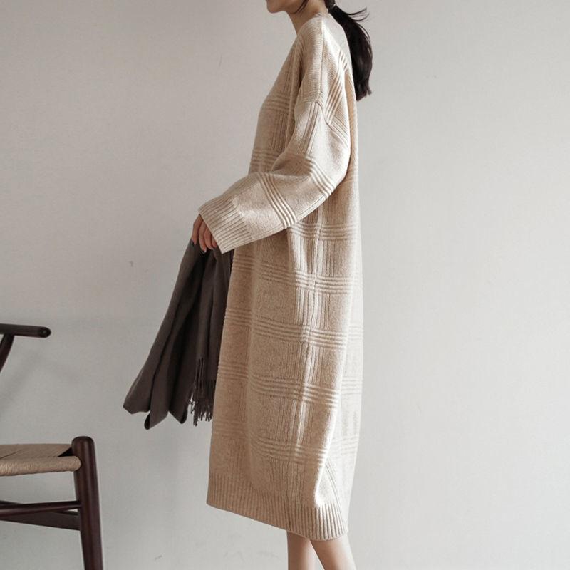 Large Size Knitted Dress Female Autumn and Winter Loose and Thin V-neck Long Sleeve Over The Knee Long Base Sweater Dress