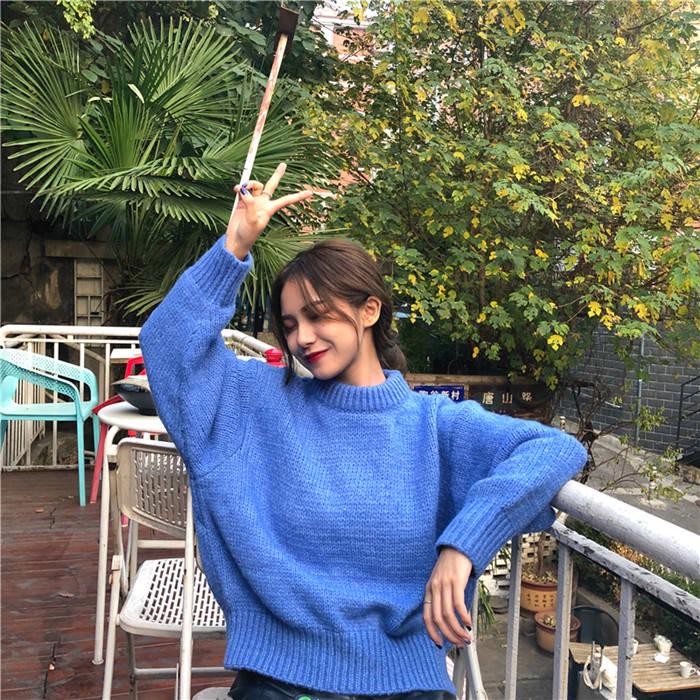 Pofulove Winter Small Fresh Solid Color Sweater Female Students Loose Long Sleeve Wind Coat