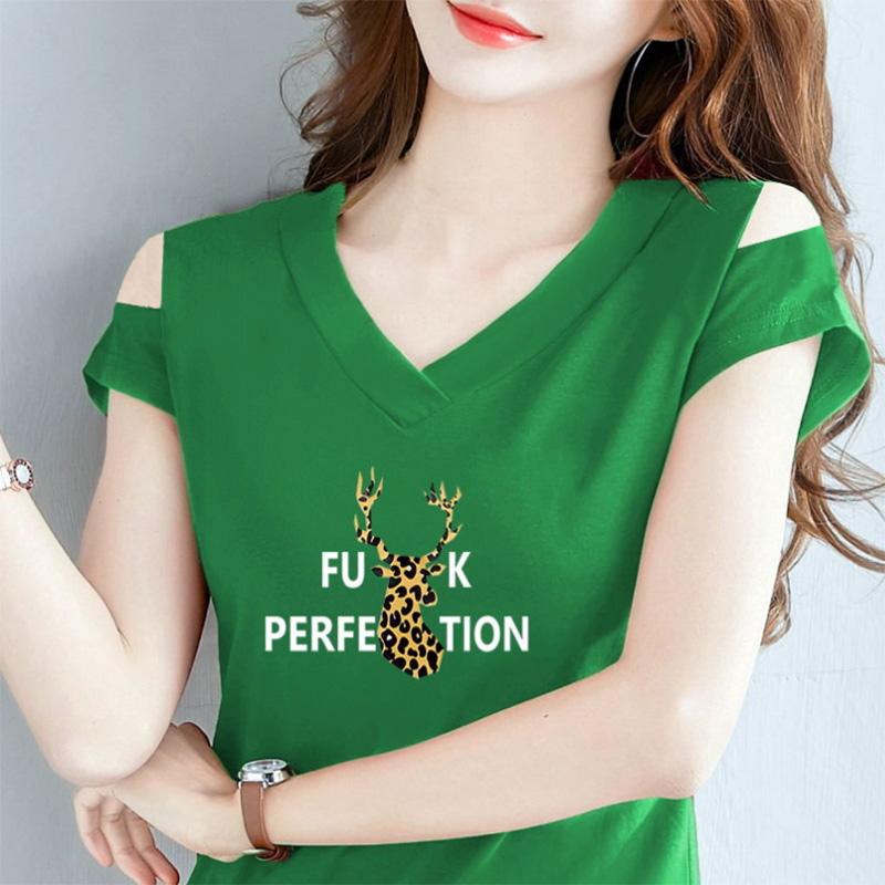 Summer Off-the-shoulder T-shirt Solid Color Short-sleeved T-shirt Women's Leak-shoulder One-word V-neck Top Korean Version Slimming T-shirt
