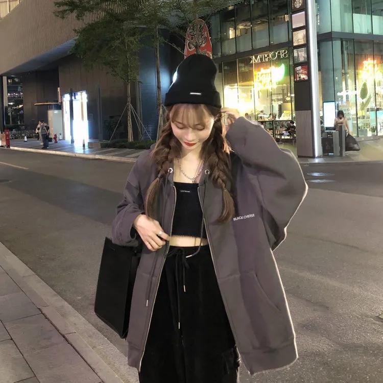 Cardigan Hooded Sweater Women's Spring and Autumn Lazy Style Zipper Jacket Oversize Ladies Cardigan Loose Top