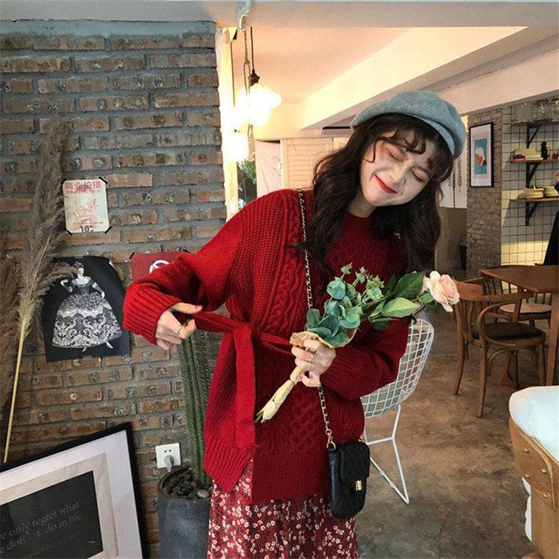 All-match Loose Autumn  Winter Twist Sweater Knit Sweater Casual Female Students Long-sleeved Design Sense Split