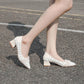 Pointed Shallow Mouth Gentle Shoes Thick Heel Small Fragrant Style Single Shoes Women's Mid-heel Pointed High Heels Pearl Fabric High Heels