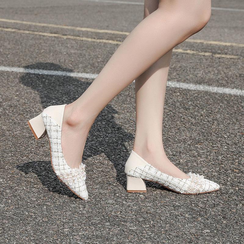 Pointed Shallow Mouth Gentle Shoes Thick Heel Small Fragrant Style Single Shoes Women's Mid-heel Pointed High Heels Pearl Fabric High Heels