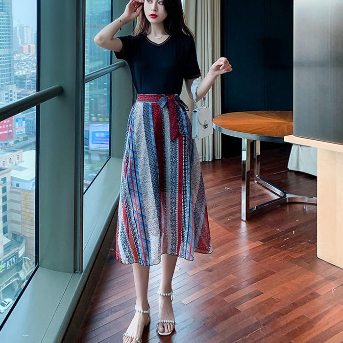 M-XXXL 2 Pieces Ladies Suit Skirt Spring and Summer Short Sleeve  Mid-length Casual Vacation Office Home
