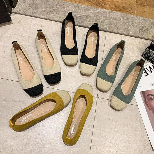 Knitted Flat Shoes Women's Spring Korean All-match Square Toe Peas Shoes Shallow Mouth Maternity Shoes Single Shoes Slip on Breathable Granny Shoes