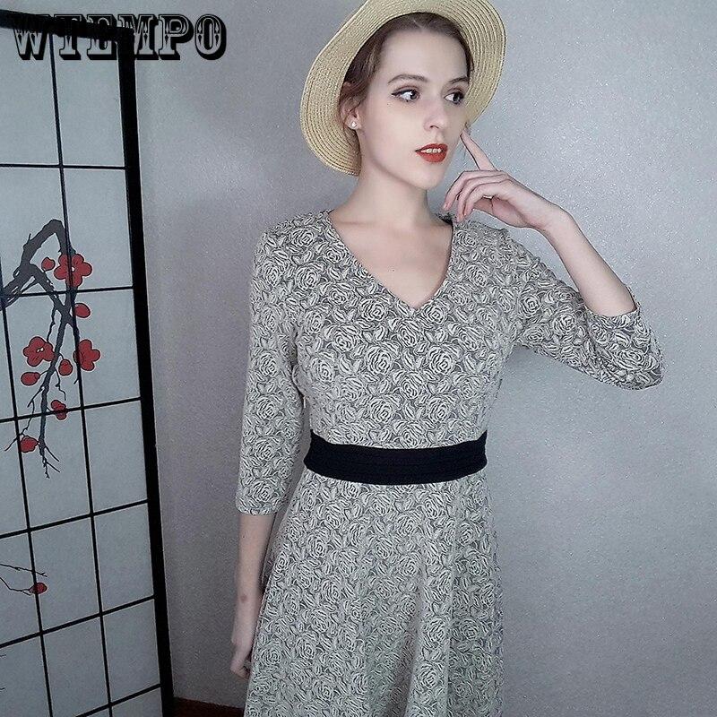 Rose Floral Dresses for Women V Neck Slim Big Hem Short Sleeve Dress Boho Maxi Dresses Spring Autumn Casual Female Clothes
