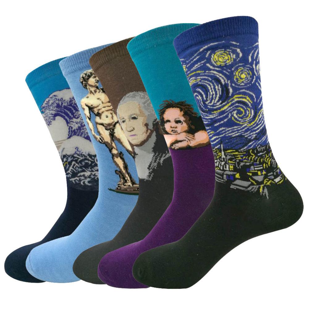 WTEMPO 5 pair/lot Painting Art Happy Socks Funny Novelty Starry Night Vintage Combed Cotton Socks