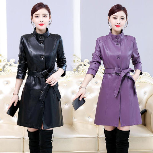 Women's Sheepskin Leather Jacket Long Slim Fit Stand Collar Large Leather Trench Coat Sheepskin Coats with Belt