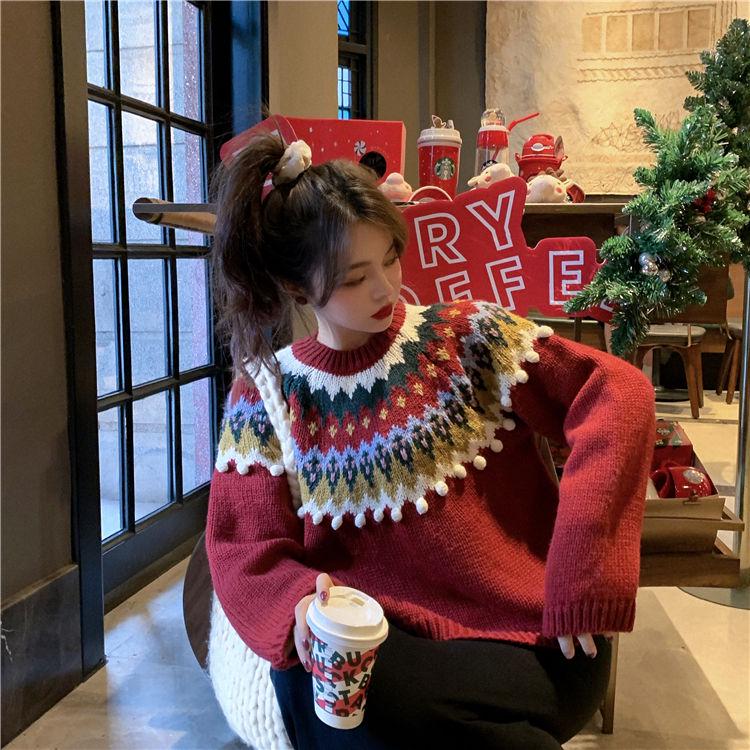 Autumn Winter Red Christmas Sweater Women Loose Snowflakes Printing Pullover Sweater Knitted Top Outwear