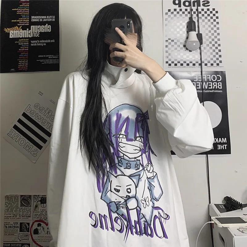 Hoodies Women Japanese Anime Pullover Sweatshirts Oversized Streetwear Harajuku Long Sleeve Turtleneck Hoodies Autumn Winter Fashion White Tops