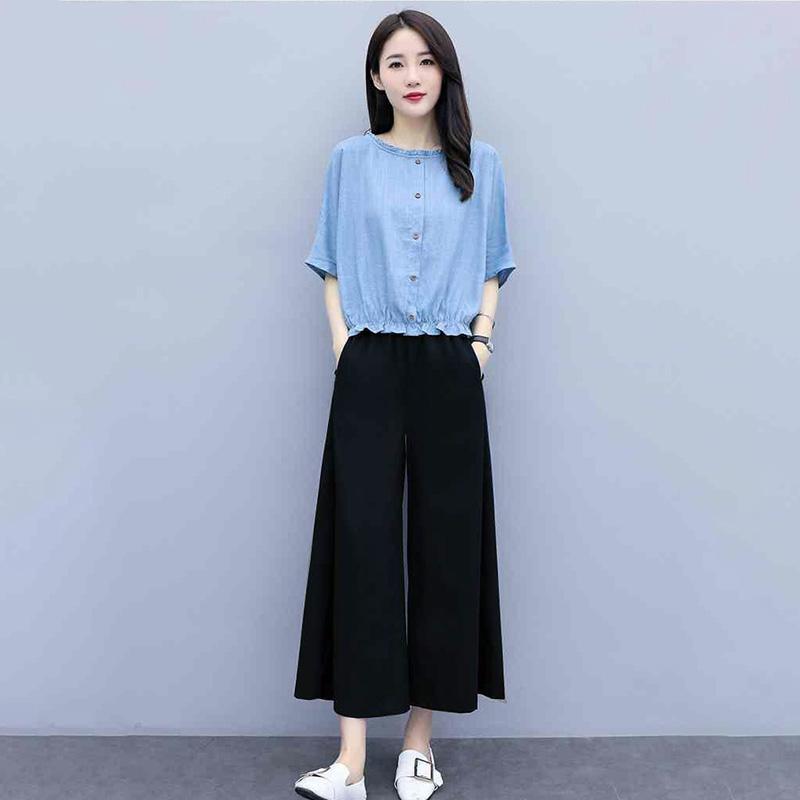 Suit Summer Cotton and Linen Large Size Loose Round Neck Short-sleeved Shirt Casual Wide-leg Pants Women's Suit Casual Suit