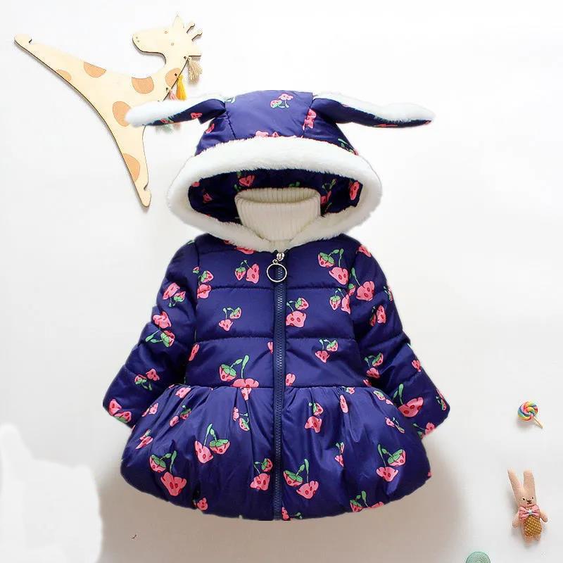 Winter Padded Coat Girl Floral Mushroom Pattern Princess Style Padded Coat Cute Mid-length Cotton Coat Girl Plus Velvet Coat