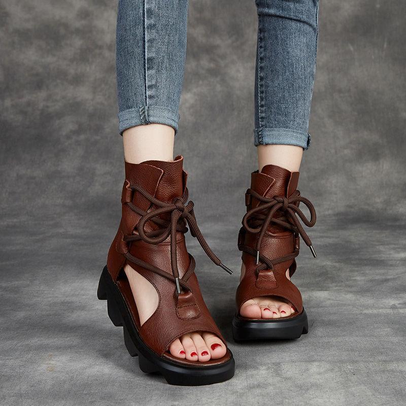 Soft Leather Women's Sandals Spring and Summer Platform Women's Shoes Fish Mouth Flat Roman High-top Sandals