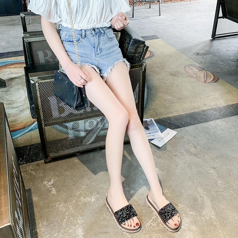 Slippers Women’s Summer Fashion Outer Wear Sponge Cake Thick Bottom Flip Flops Sequins Sandals Flat Sandals Beach Shoes