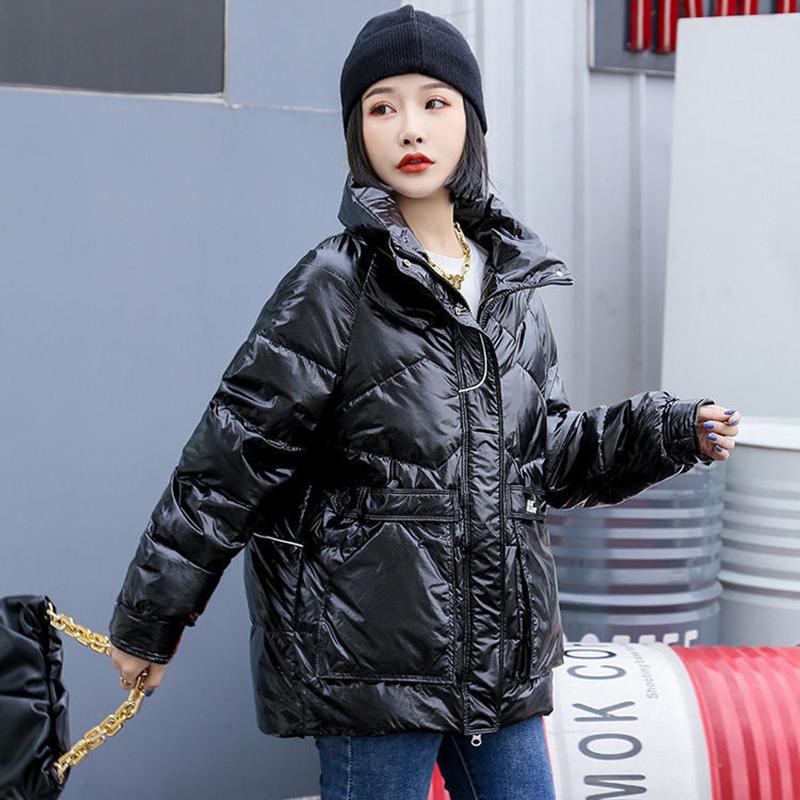 Women's Shiny Mid-length Down Jacket Winter Korean Style Loose Coat Warm Stand-collar Down Jacket