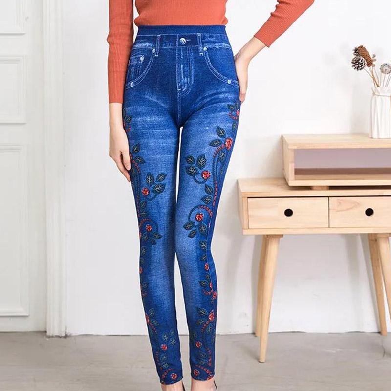 High Waist Stretch Denim Printed Leggings Women's Trousers and Velvet Feet Casual Pants and Velvet Thickening Fashionable and Versatile