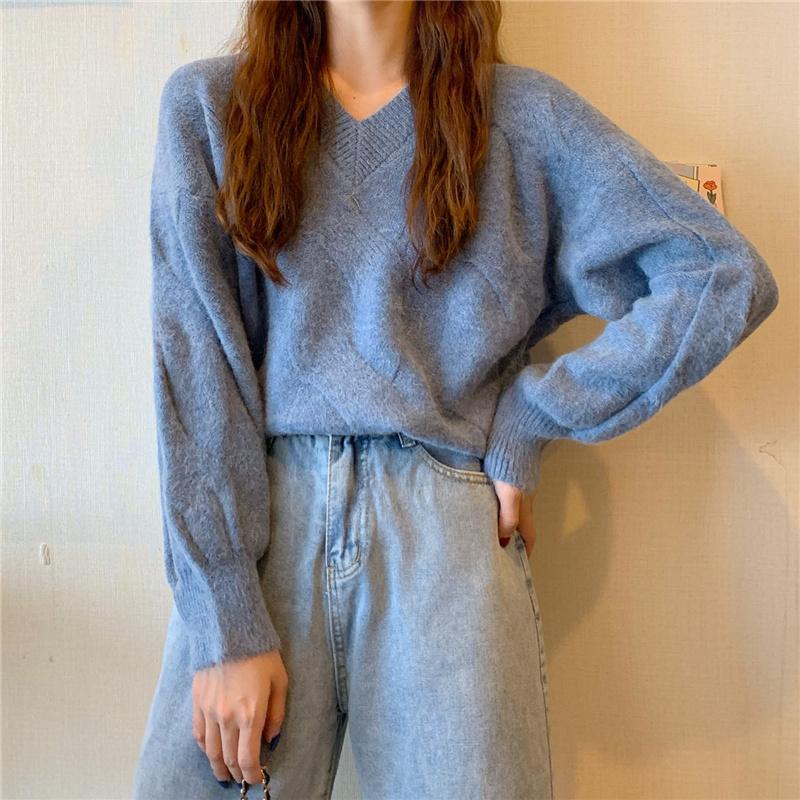 Winter Sweater Women V Neck Plus Size Loose Pullover Sweaters Purple Long Sleeve Knitted Jumper 2021 Fall Casual Fashion Women Sweaters