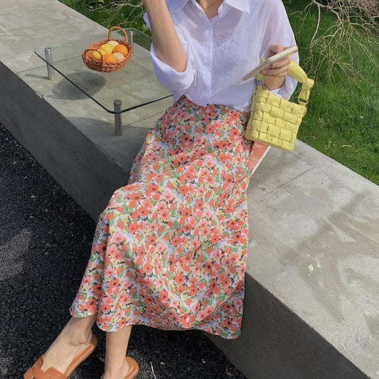 Female Floral Print Mid Length High Waist A-line Little Fresh Skirt Slim Vintage Elegant Holiday Skirt