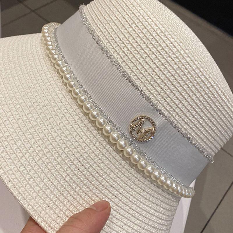 Women's Summer Hat Elegant Pearl Bucket Hat Rhinestone M Mark Retro Basin Hat Shade Straw Hat Luxury Top Hat