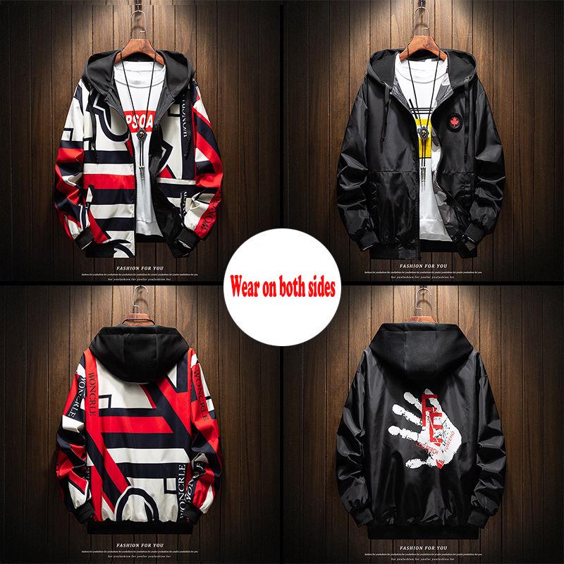 Autumn Men's Jackets Coats Male Casual Slim Stand Collar Print Bomber Jacket  Both Sides To Wear
