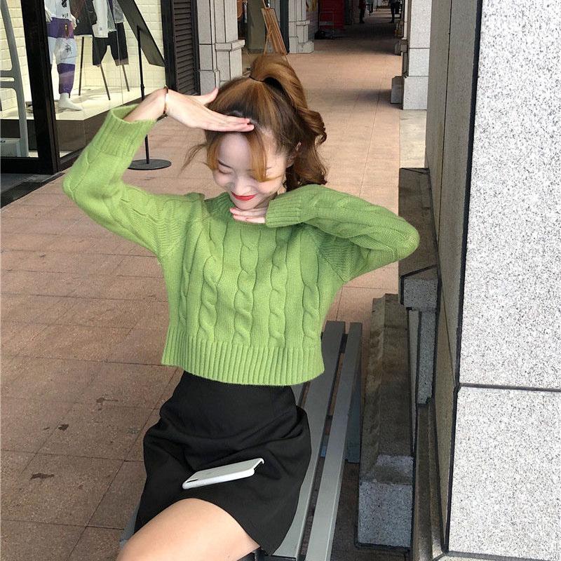 Spring and Autumn Loose Knitted Sweater Long Sleeve Pullover Casual Jacket Short Pure Color Women's Top