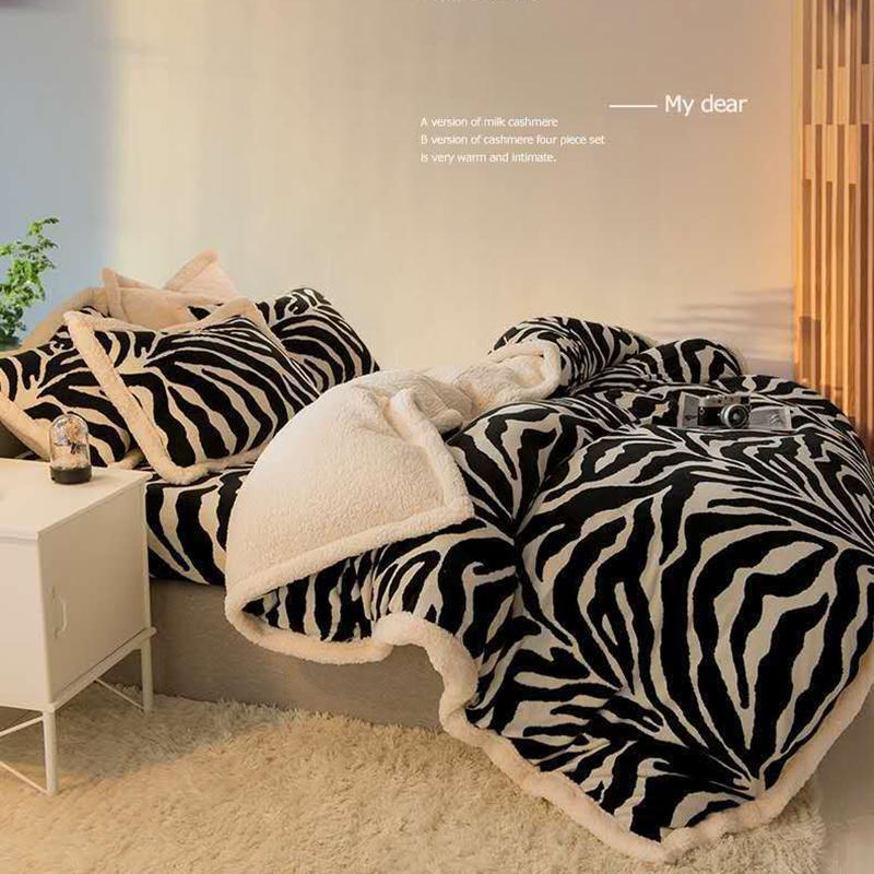 Household Milk Cashmere Lamb Cashmere Four-piece Coral Cashmere Bed Sheet Duvet Cover Winter Super Thick 4kg Double-sided Warm Flannel Bedding