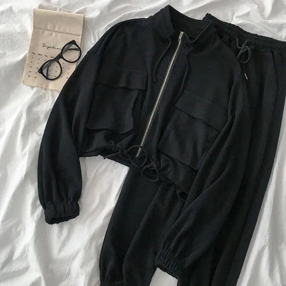 2PCS Women Casual Sportswear Suit Zipper Cardigan + Loose Trousers Two-piece Set Slimming Ladies Lazy Style Age-reducing Suit Girls Athletic Clothing
