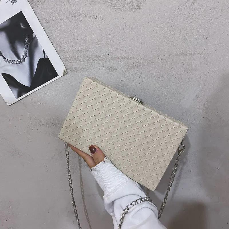 Women Box Bag Print Casual Clutch Purse Shoulder Crossbody Bags Weave Pattern Metal Chain Pu Leather