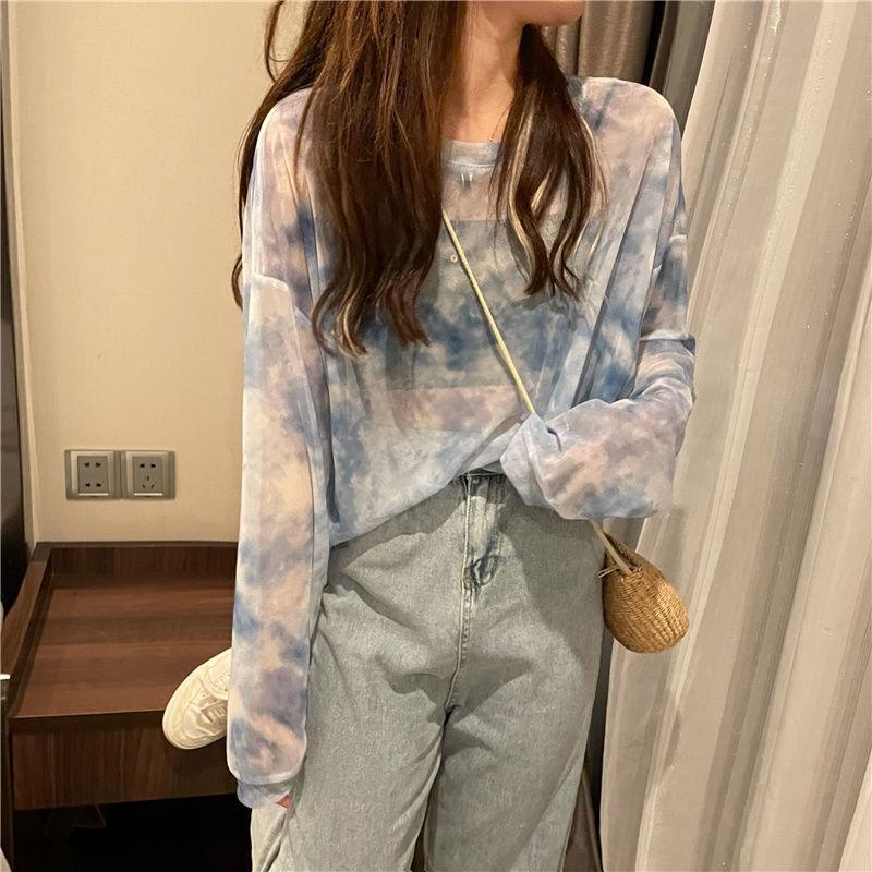 Fall Version of Tie dye Loose Simple Long-sleeved fall T-shirt Women Simple Pure color Bottoming Net yarn Blouse Tee