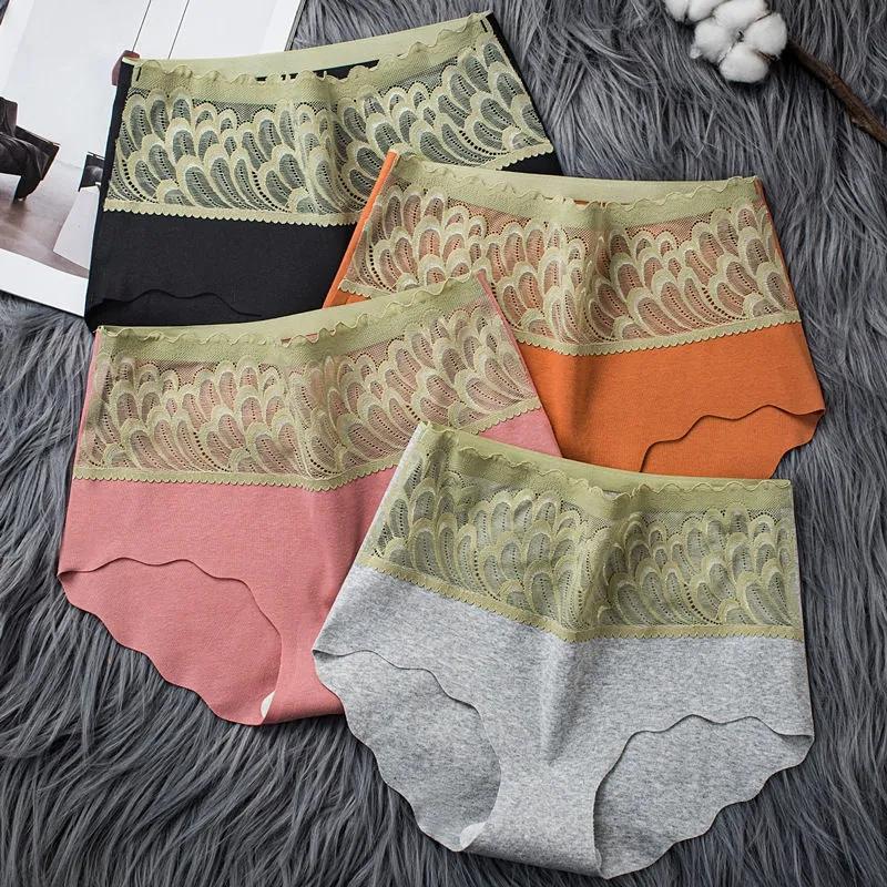 4PCS Ladies High Waist Panties Ladies Cotton Antibacterial Briefs Girls Students Charming Large Size Abdomen Hip Leggings Feather Hollow Sexy Panties