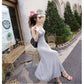 Fashion Woman Spaghetti Strap Dress Sleeveless V-neck Elastic Sexy Beach  Party Dress Long