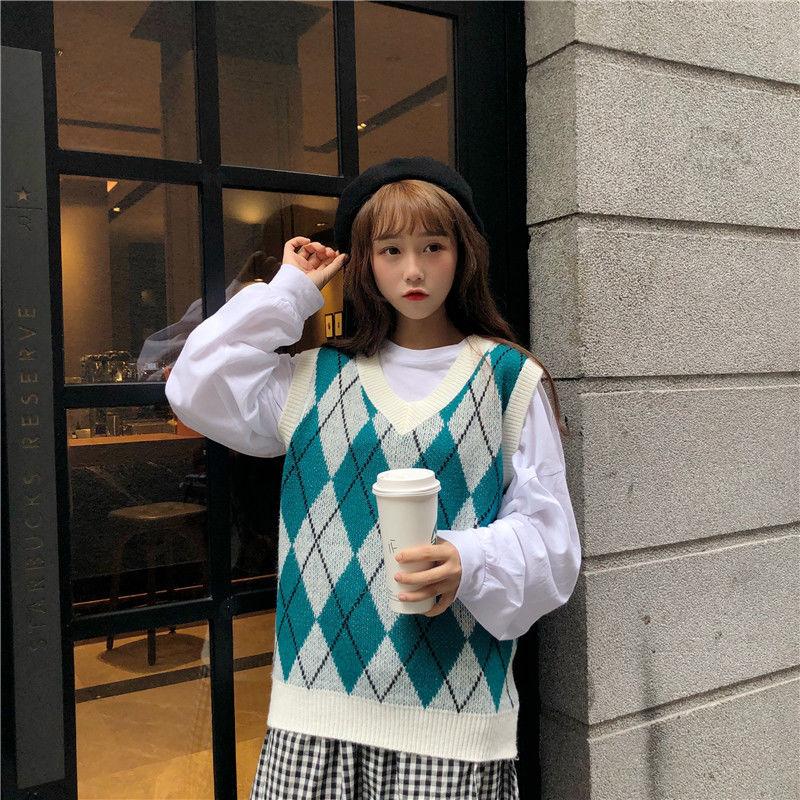 College Style Loose Vest All-match Diamond Check Sweater Splicing Color Sleeveless Fashion Sweater