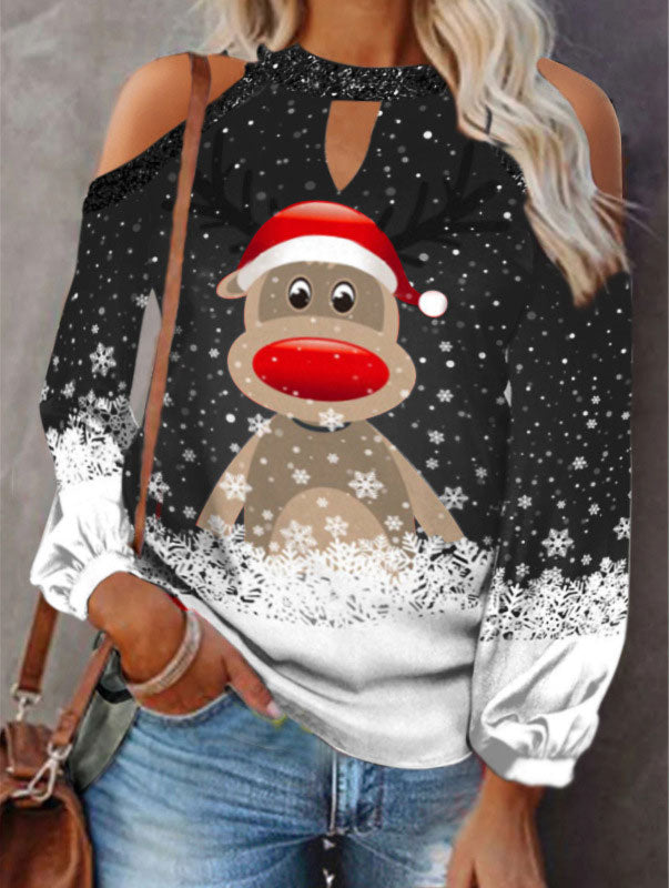Elk Print T-Shirt Round Neck Off Shoulder Top Christmas Ladies Vintage Long Sleeve Shirt Women Sexy Tops Harajuku Graphic Tee