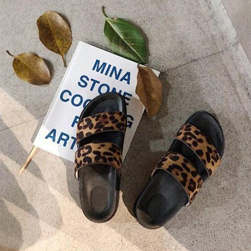 European and American Harajuku Style Student Fashion Outer Wear Leopard Print Slippers Female Summer Platform Double Strap Beach Sandals