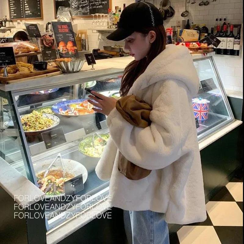 Winter Ladies Mink Fleece Hooded Coat Thick Warm Faux Fur Coat Loose Large Size Mink Fur Plush Coat